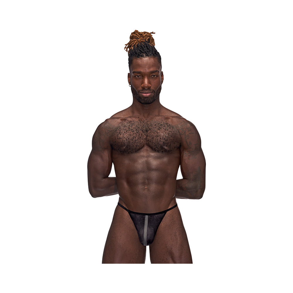 Male Power Landing Strip Micro Thong Black S/M - Red Garter