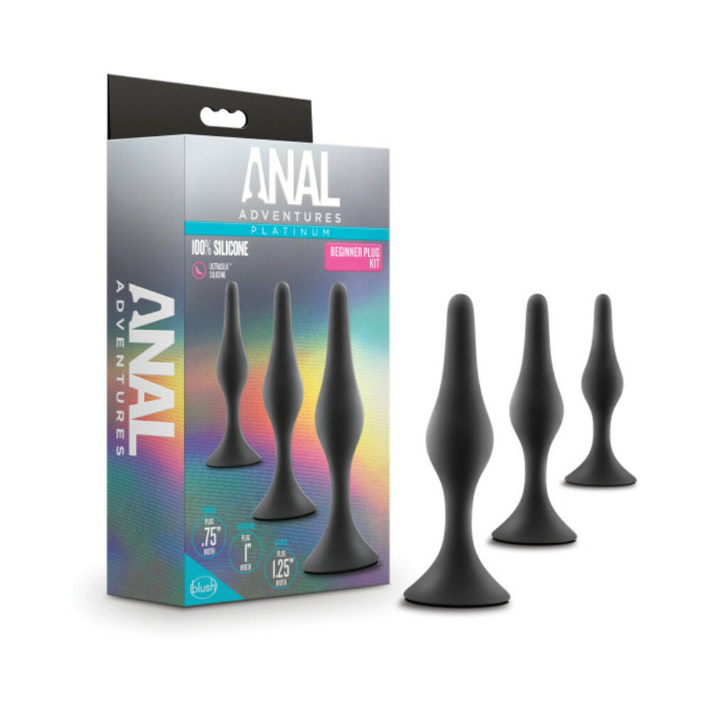 Blush Anal Adventures Platinum Silicone 3-Piece Beginner Plug Kit Black - Red Garter