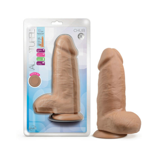 Au Naturel Chub 10 in. Posable Dual Density Dildo with Balls Tan - Red Garter