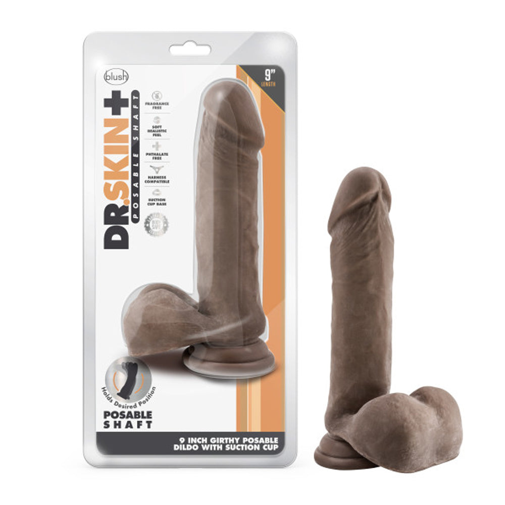 Dr. Skin Plus Thick 9 in. Triple Density Posable Dildo with Balls Brown - Red Garter
