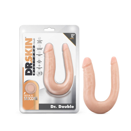 Dr. Skin Silicone Dr. Double Realistic 12 in. Dual-Ended Dildo Beige - Red Garter