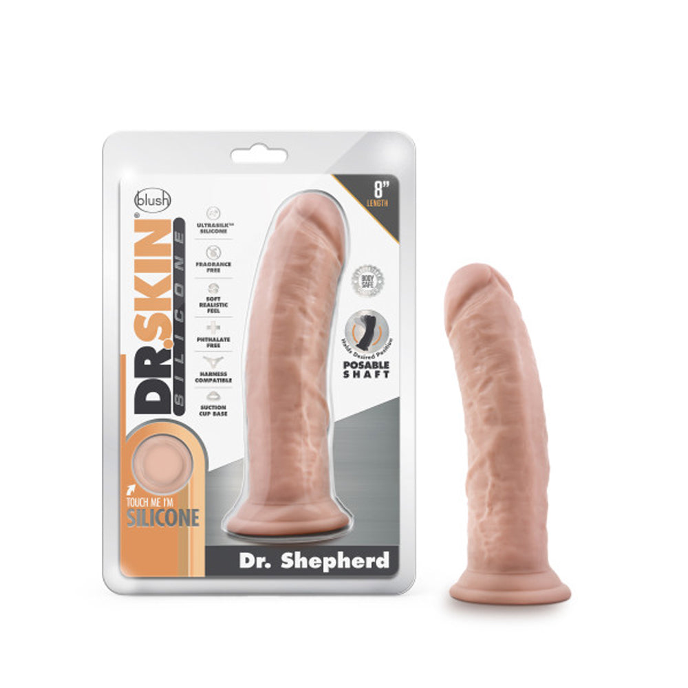 Blush Dr. Skin Silicone Dr. Shepherd Realistic 8 in. Posable Dildo with Suction Cup Beige - Red Garter