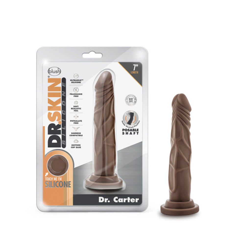 Blush Dr. Skin Silicone Dr. Carter Realistic 7 in. Posable Dildo with Suction Cup Brown - Red Garter