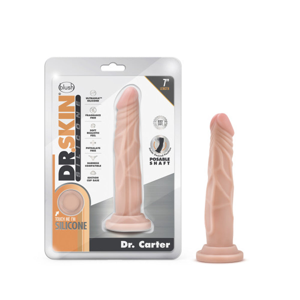 Blush Dr. Skin Silicone Dr. Carter Realistic 7 in. Posable Dildo with Suction Cup Beige - Red Garter