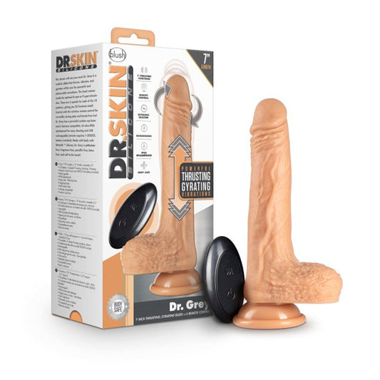 Dr. Skin Dr. Grey Remote-Controlled 7 in. Thumping Dildo with Balls Beige - Red Garter