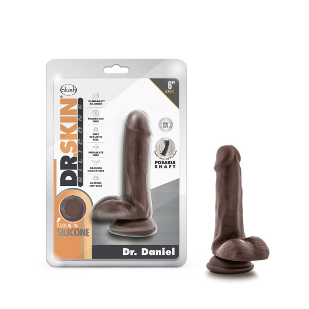 Blush Dr. Skin Silicone Dr. Daniel Realistic 6 in. Posable Dildo with Balls & Suction Cup Brown - Red Garter