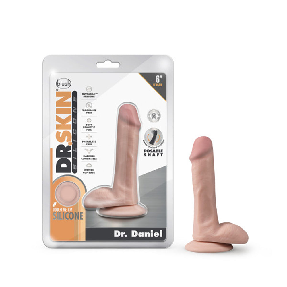 Blush Dr. Skin Silicone Dr. Daniel Realistic 6 in. Posable Dildo with Balls & Suction Cup Beige - Red Garter