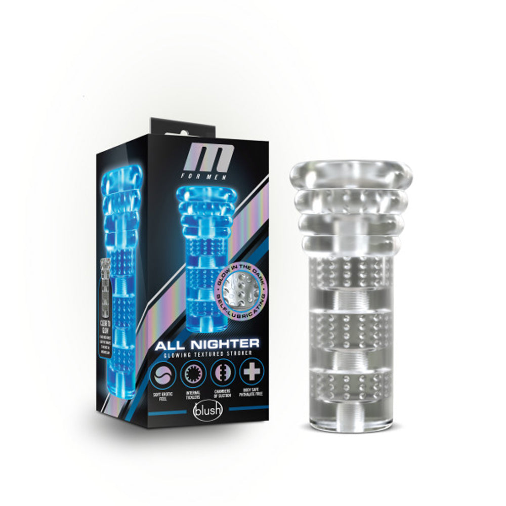 M for Men All Nighter Glow in the Dark Textured Stroker Clear - Red Garter