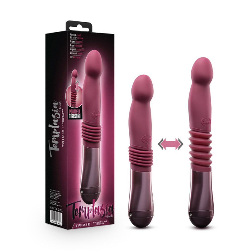 Blush Temptasia Trixie Rechargeable 10 in. Silicone Thrusting Dildo Wine - Red Garter