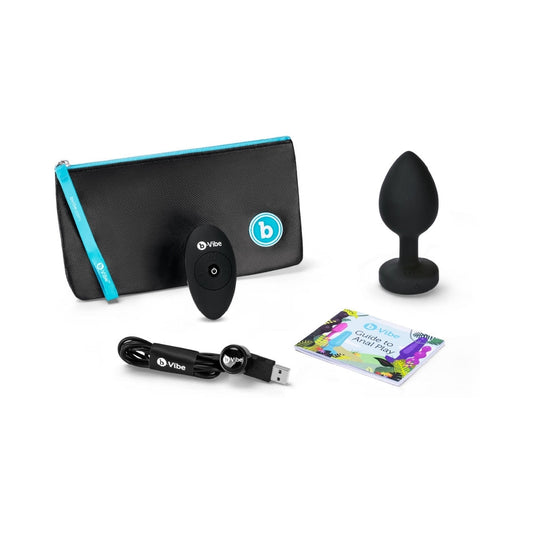 b-Vibe Vibrating Jewel Rechargeable Remote-Controlled Anal Plug with Gem Base Black Diamond XXL - Red Garter