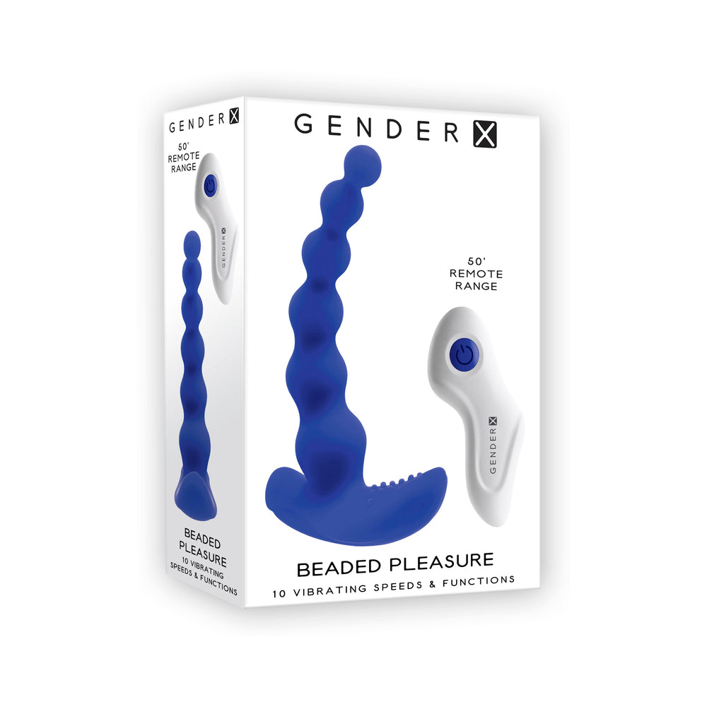 Gender X Beaded Pleasure Rechargeable Remote-Controlled Vibrating Silicone Probe Vibrator Blue - Red Garter