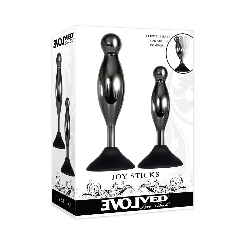 Evolved Joy Sticks 2-Piece Metal Anal Plug With Suction Cup Base Set Black - Red Garter
