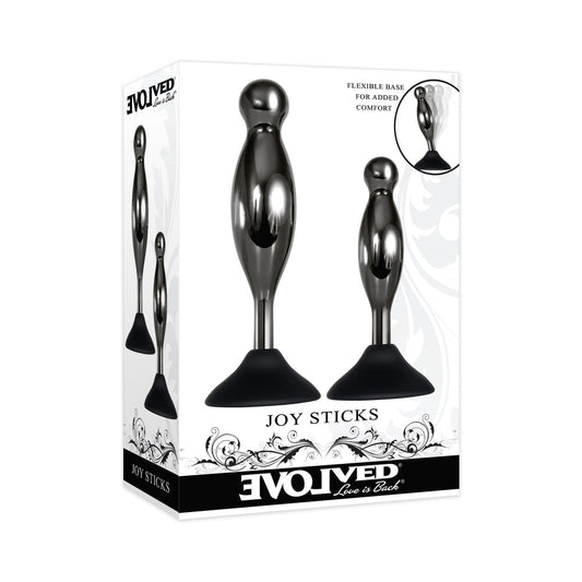 Evolved Joy Sticks 2-Piece Metal Anal Plug With Suction Cup Base Set Black - Red Garter