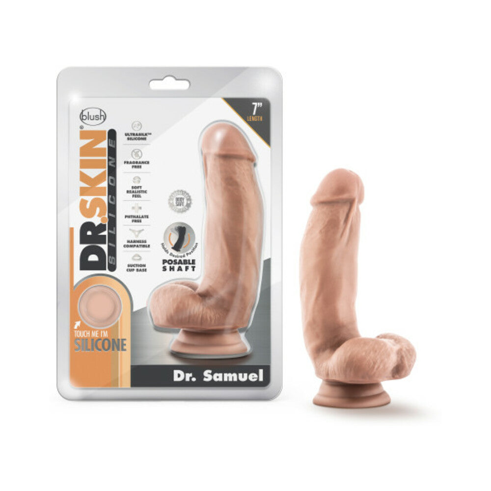 Dr. Skin Silicone Dr. Samuel Realistic 7 in. Posable Dildo with Balls Beige - Red Garter