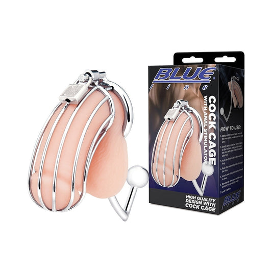 Blue Line Cock Cage with Anal Stimulator Silver - Red Garter