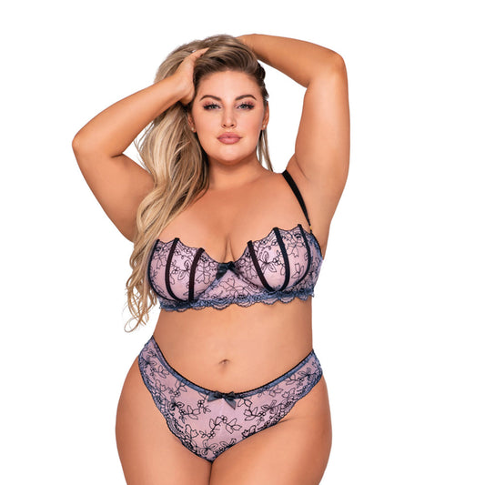 Dreamgirl Shell Bra and Matching G-String Set Lavender 3X Hanging - Red Garter