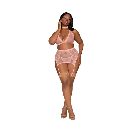 Dreamgirl Bra Garterbelt & G-String Pink Queen Size - Red Garter