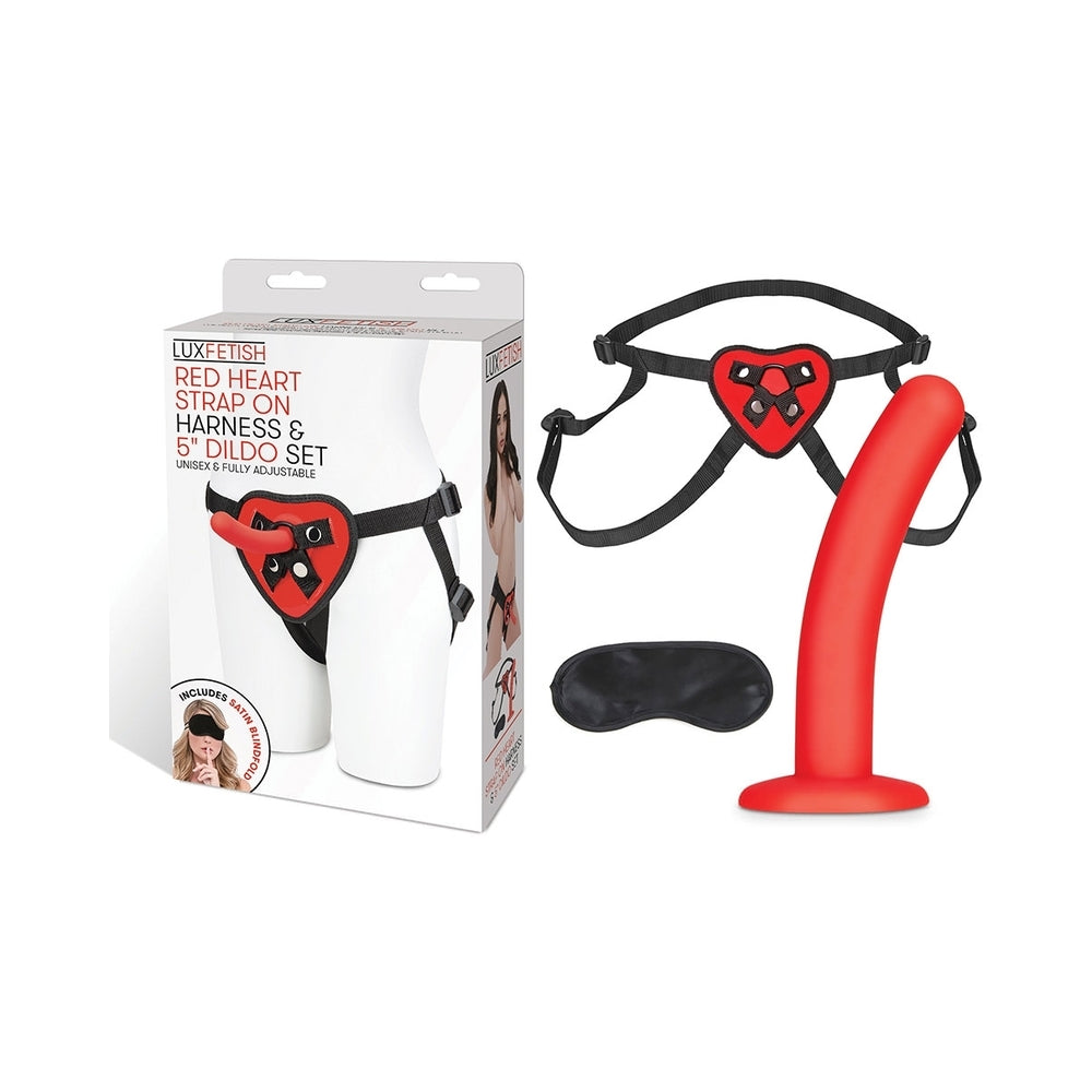 Lux Fetish Red Heart Strap-On Harness & 5 in. Dildo Set - Red Garter