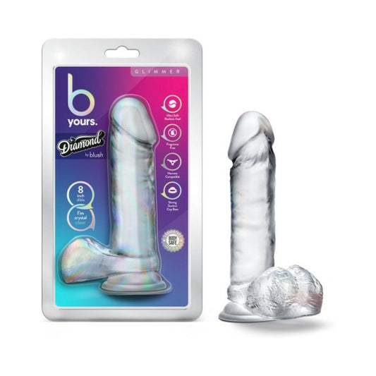 B Yours Diamond Glimmer 8 in. Dildo with Balls Clear - Red Garter
