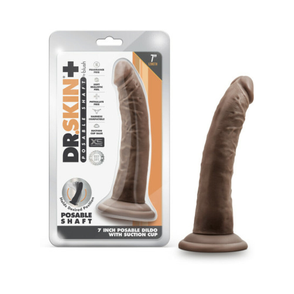 Blush Dr. Skin Plus Realistic 7 in. Triple Density Posable Dildo with Suction Cup Brown - Red Garter