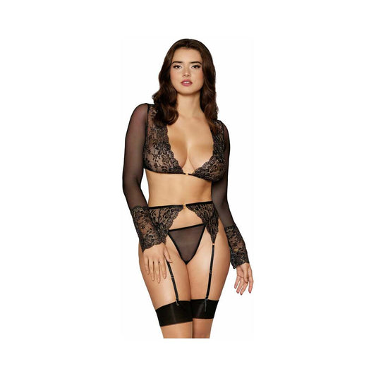 Dreamgirl Bralette, Garter Belt, G-String Set Black M Hanging - Red Garter