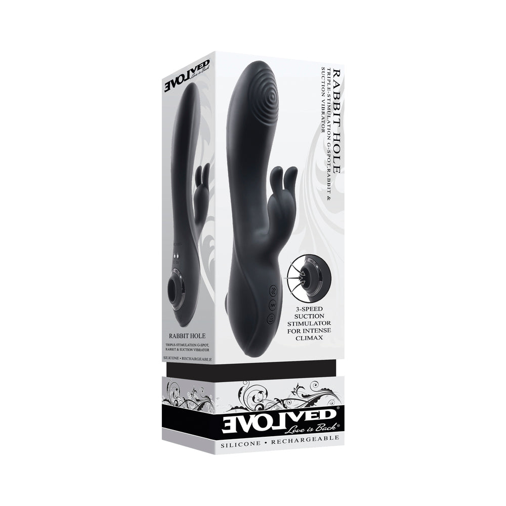 Evolved Rabbit Hole 3-in-1 Rechargeable Triple Stimulation Silicone Suction Vibrator Black - Red Garter