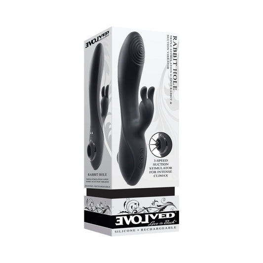 Evolved Rabbit Hole 3-in-1 Rechargeable Triple Stimulation Silicone Suction Vibrator Black - Red Garter