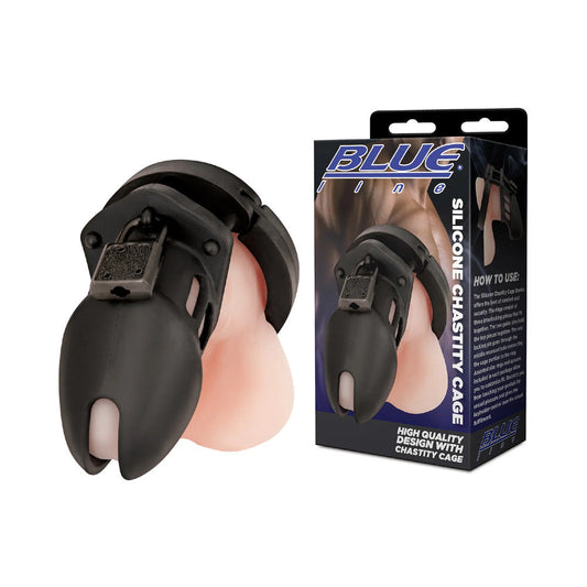 Blue Line Silicone Chastity Cage Black - Red Garter