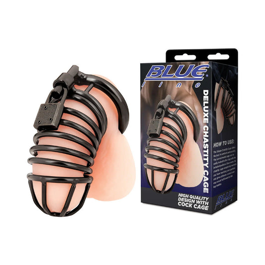 Blue Line Deluxe Chastity Cage Black - Red Garter