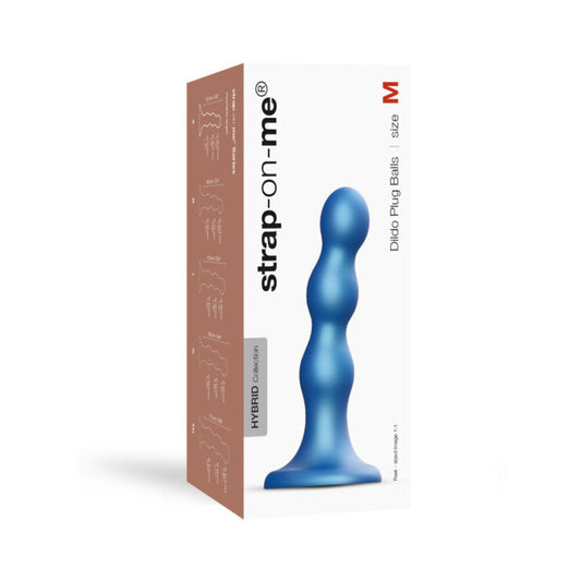 Strap-On-Me Hybrid Collection Silicone Dildo Plug Balls Metallic Blue M - Red Garter