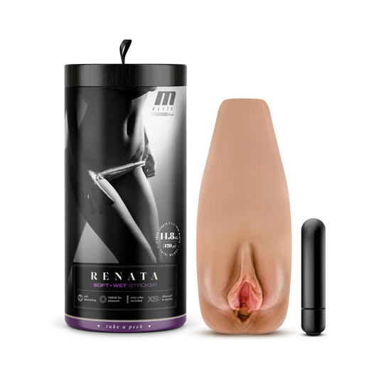 M Elite Soft + Wet Renata Vagina Stroker with Bullet Vibrator Tan - Red Garter
