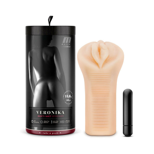 M Elite Soft + Wet Veronika Vagina Stroker with Bullet Vibrator Beige - Red Garter