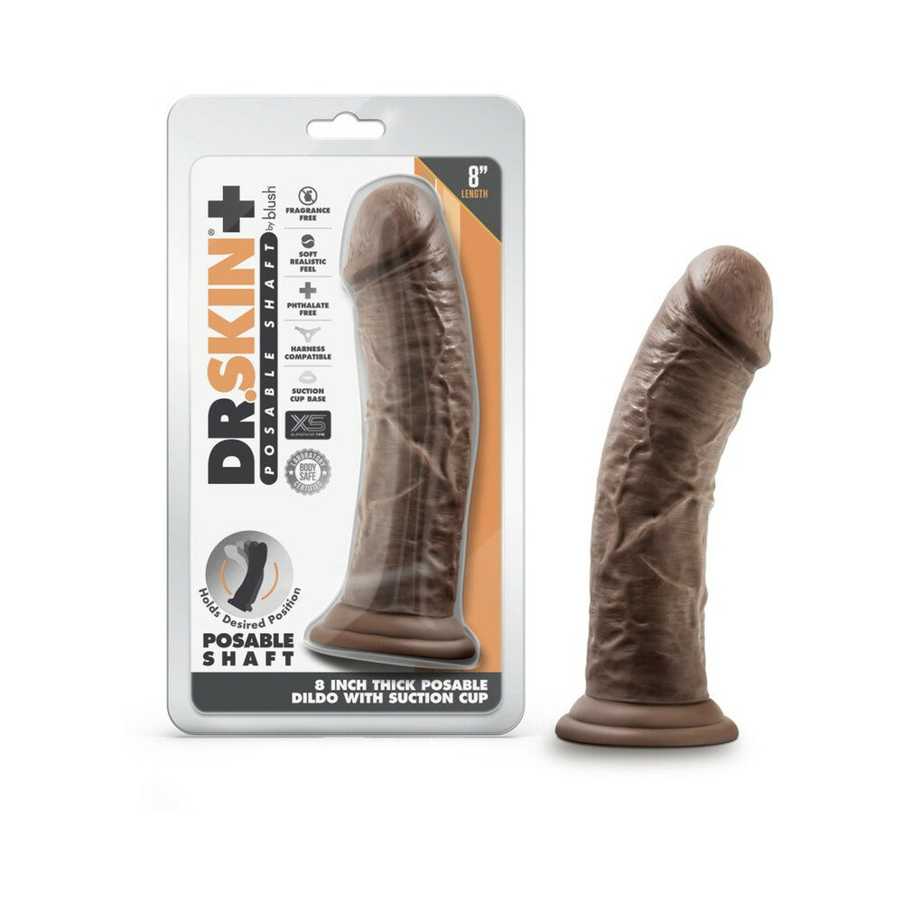 Dr. Skin Plus Thick 8 in. Triple Density Posable Dildo Brown - Red Garter