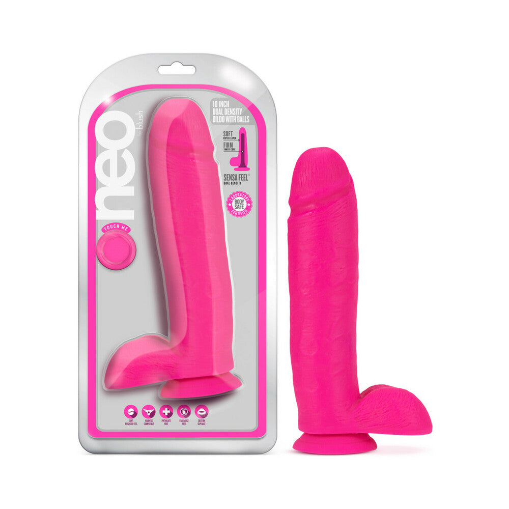 Neo 10 in. Dual Density Dildo with Balls Neon Pink - Red Garter