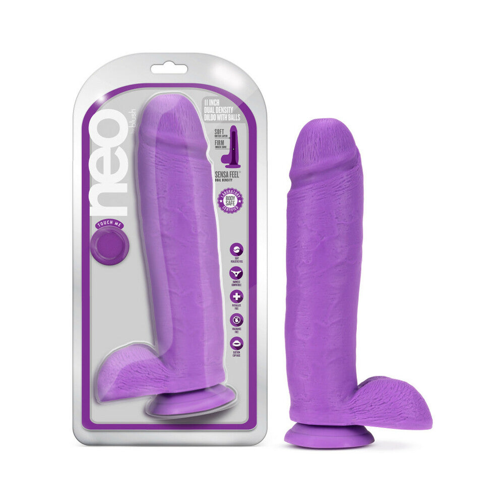 Neo 11 in. Dual Density Dildo with Balls Neon Purple - Red Garter