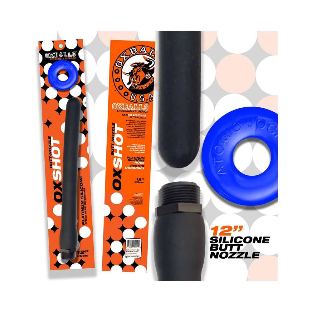 Oxballs Oxshot Butt Nozzle Shower Hose 12 in. + Flex Cockring Black - Red Garter
