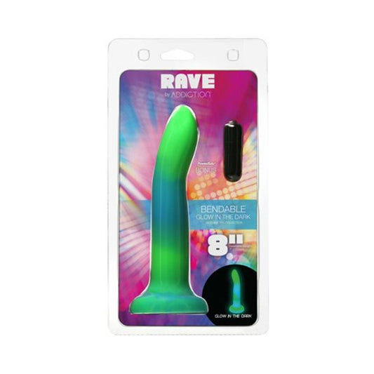 Addiction Rave Bendable 8 in. Silicone Dildo Glow in the Dark Blue Green - Red Garter