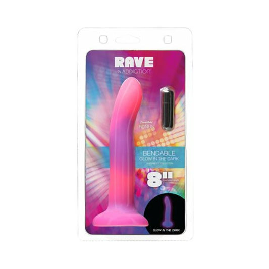 Addiction Rave Bendable 8 in. Silicone Dildo Glow in the Dark Pink Purple - Red Garter