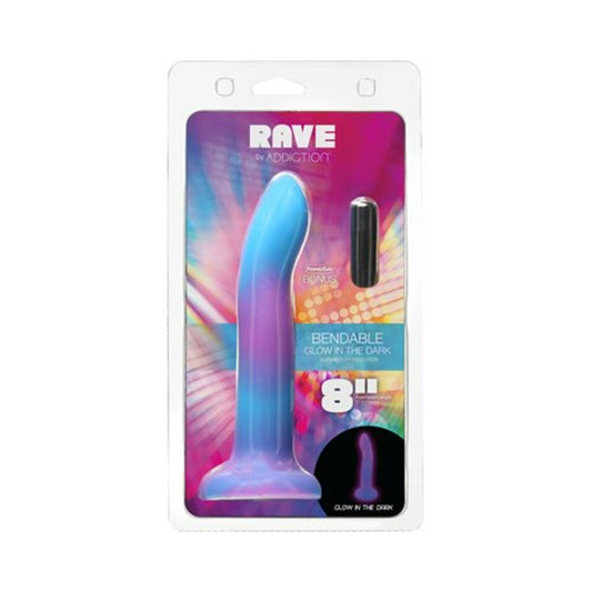 Addiction Rave Bendable 8 in. Silicone Dildo Glow in the Dark Blue Purple - Red Garter