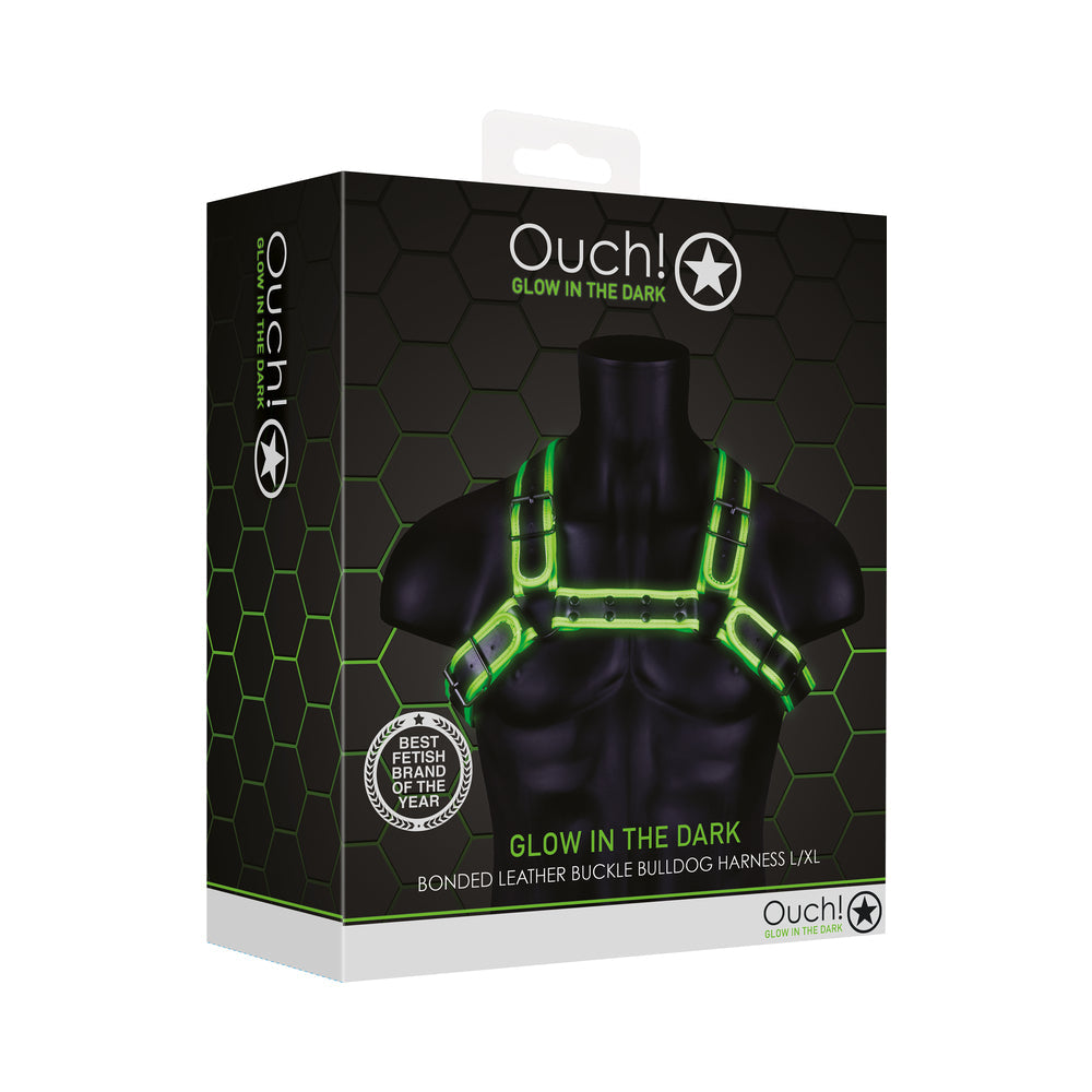 Ouch! Glow in the Dark Bonded Leather Buckle Bulldog Harness Neon Green L/XL