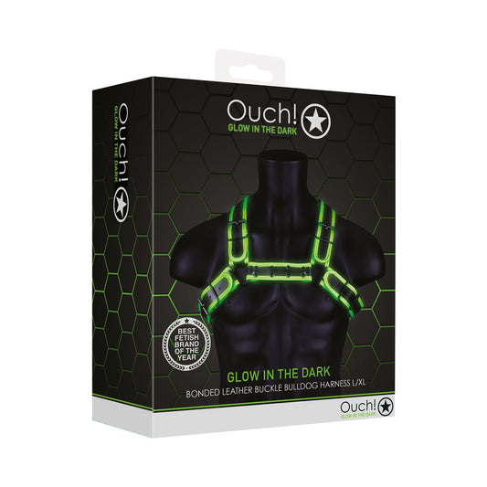 Ouch! Glow in the Dark Bonded Leather Buckle Bulldog Harness Neon Green L/XL