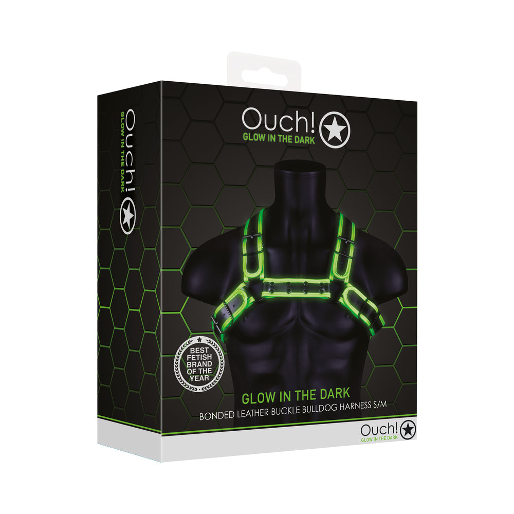 Ouch! Glow in the Dark Bonded Leather Buckle Bulldog Harness Neon Green S/M