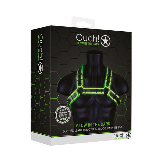 Ouch! Glow in the Dark Bonded Leather Buckle Bulldog Harness Neon Green S/M