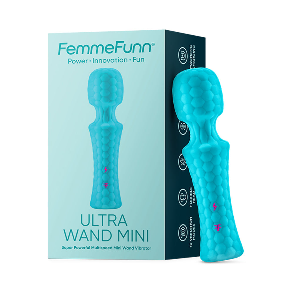 FemmeFunn Ultra Wand Mini Rechargeable Flexible Textured Silicone Vibrator Turquoise - Red Garter
