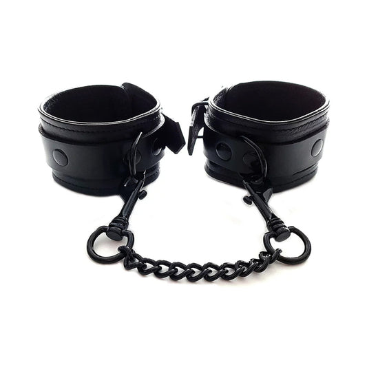 Rouge Leather Wrist Cuffs Black with Black Accessories - Red Garter