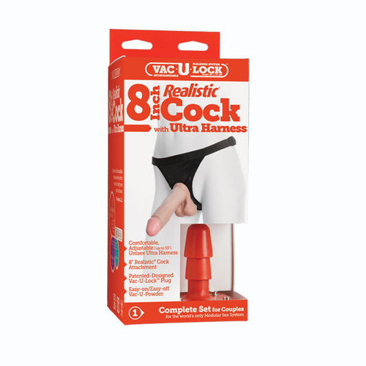 Vac-U-Lock - 8 Inch Classic Dong - With Ultra Harness White - Red Garter