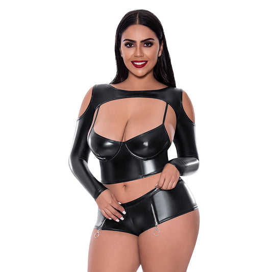 Magic Silk Liquid Onyx Camisole, Longsleeve Shrug & Short Set Black Queen - Red Garter