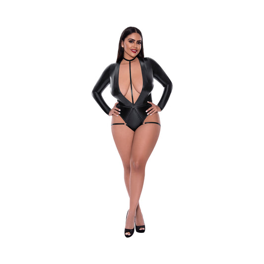 Magic Silk Liquid Onyx Long Sleeve Teddy with Harness Caging Black Queen - Red Garter