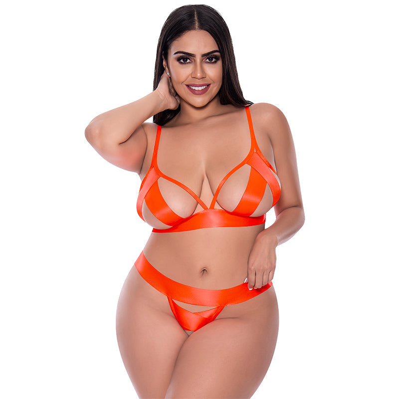 Magic Silk Strap Tease Bra & Crotchless Panty Set Orange Queen - Red Garter