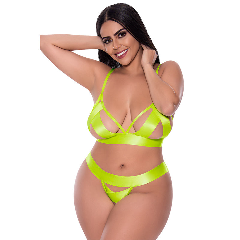 Magic Silk Strap Tease Bra & Crotchless Panty Set Yellow Queen - Red Garter